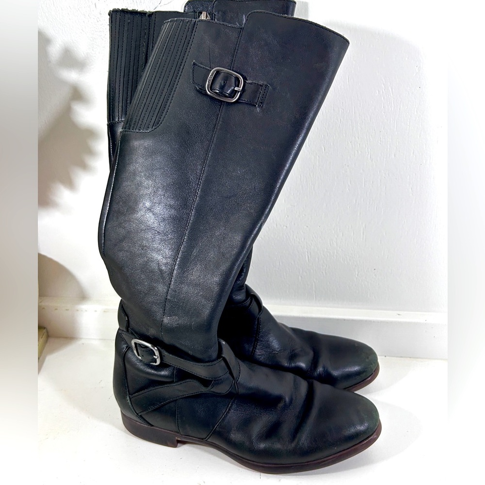 UGG Black Leather Boots Riding Tall Buckle Distressed Size 7